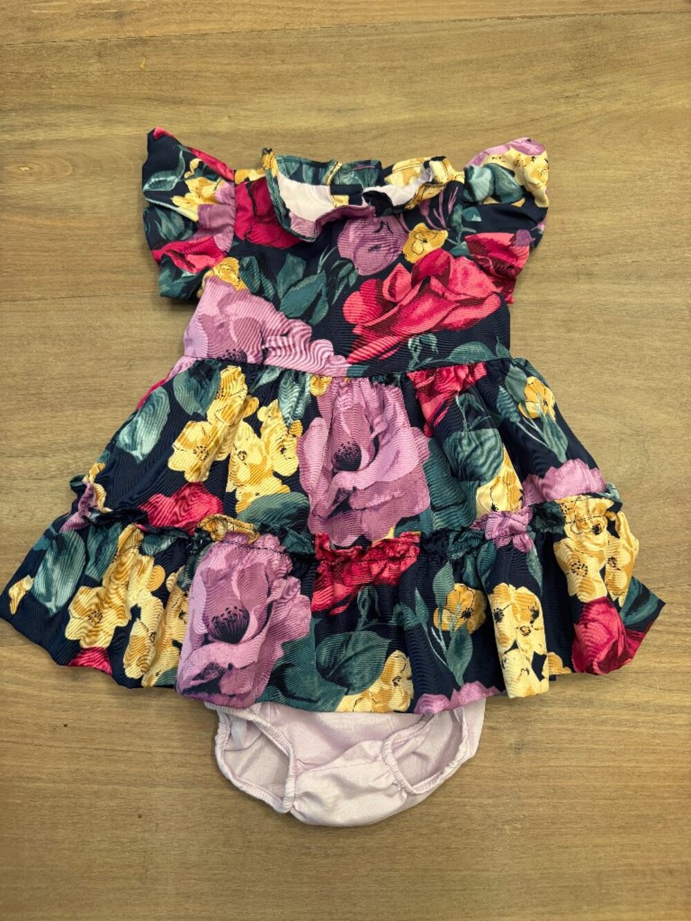 Janie and Jack Navy Bold Floral Tiered Dress & Bloomer Set 6-12M